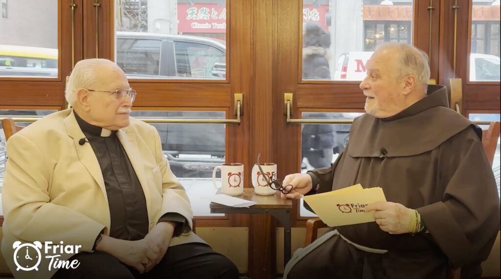 Host Fr. David Convertino, OFM, welcomes Rev. Elias D. Mallon, SA, STL, PhD to Friar Time.